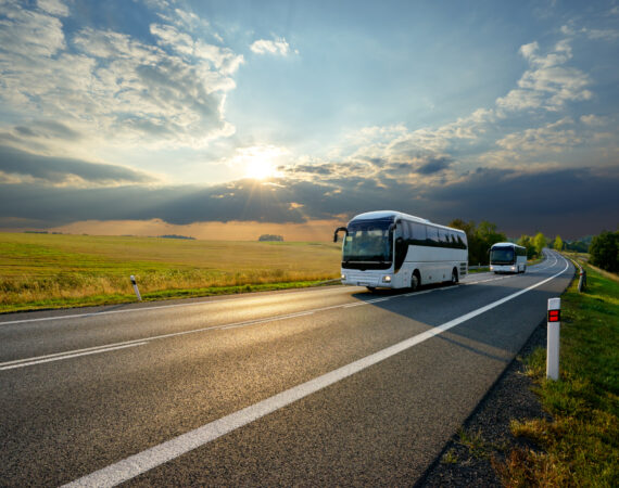 Two white buses traveling on the asphalt road in rural landscape